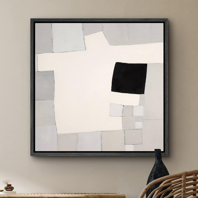 Motif géométrique gris et noir - reproduction de cadre flottant sur toile, Cadre noir, H 24 po x l 24 po x P 1,5 po