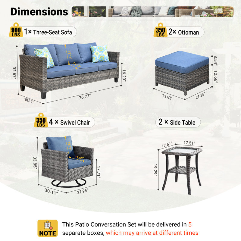 Cushion Color Wood Premium All-Weather Wicker 7 - Person Patio Conversation Set with Cushions, Blue