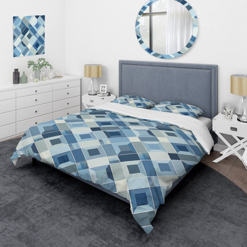 Blue Modern Rhombus IV - Ensemble de housse de couette moderne, Housse de couette simple et deux taies décorative