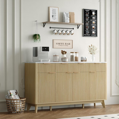 60" Fluted Sideboard Buffet Cabinet with Drawers and Adjustable Shelves, Modern Wood Storage Cabinet Coffee Bar Console for Kitchen, Dining Room, and