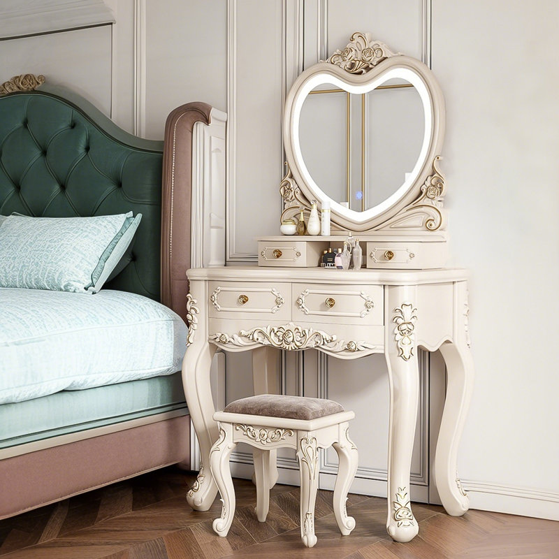 Meuble-lavabo compact 31,5 po en bois massif avec miroir en forme de cœur