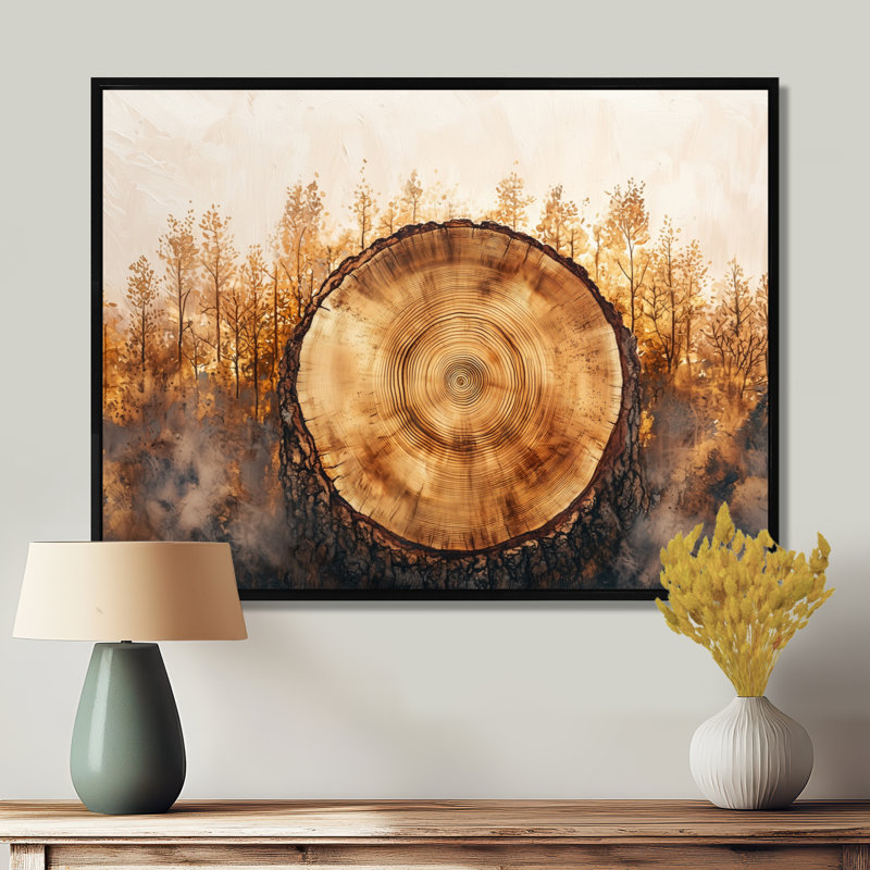 Glyniss Pine Trees on A Top of Wood Slide II - arbres, art mural pour le salon, H 12 po x l 20 po, Floater Framed, Noir