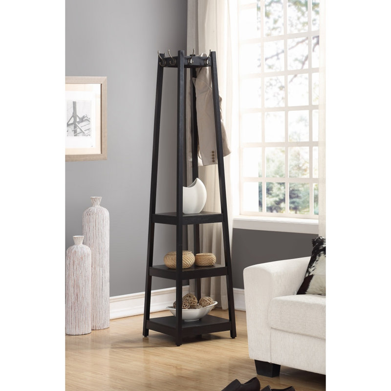 Coat Rack W/ 3-Tier Storage Shelves In Black Finish, Black