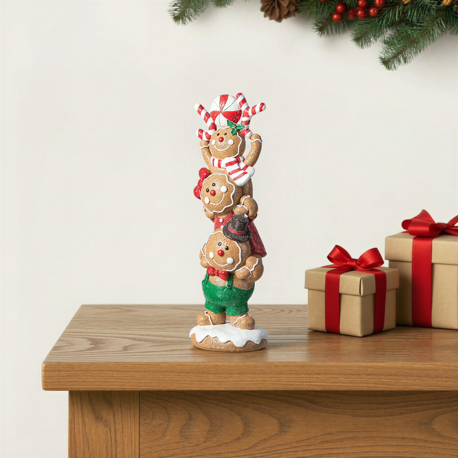 12.5"H Christmas Resin Stacked Gingerbread Figurine Table Decor