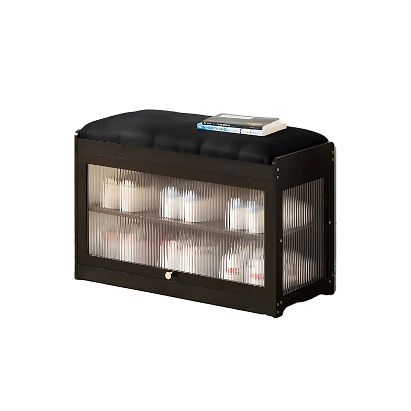 Transparent Flap Door Bamboo Shoe Storage Bench, Black