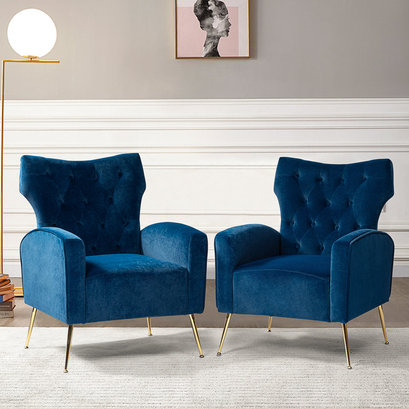 Fauteuil à oreilles en velours de polyester Tonas, Velours bleu marine