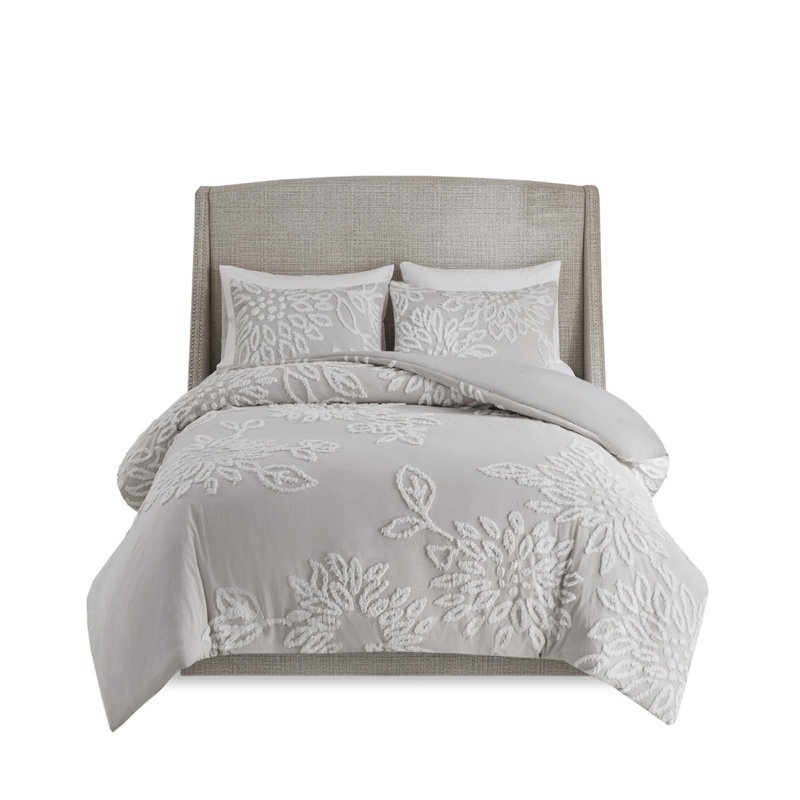 Ensemble d'édredon 3 pièces en chenille de coton touffeté à motif floral gris chaud / grand, Blanc / gris chaud