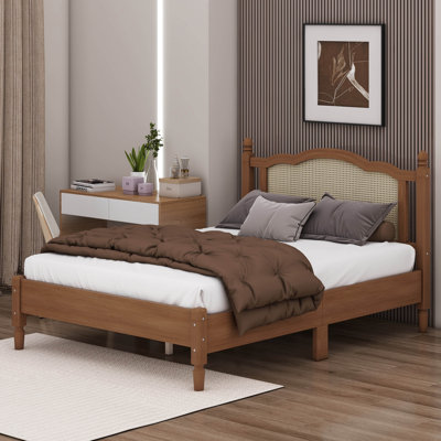 Bohemian Wooden Platform Bed With Natural Rattan Headboard And Arc Design