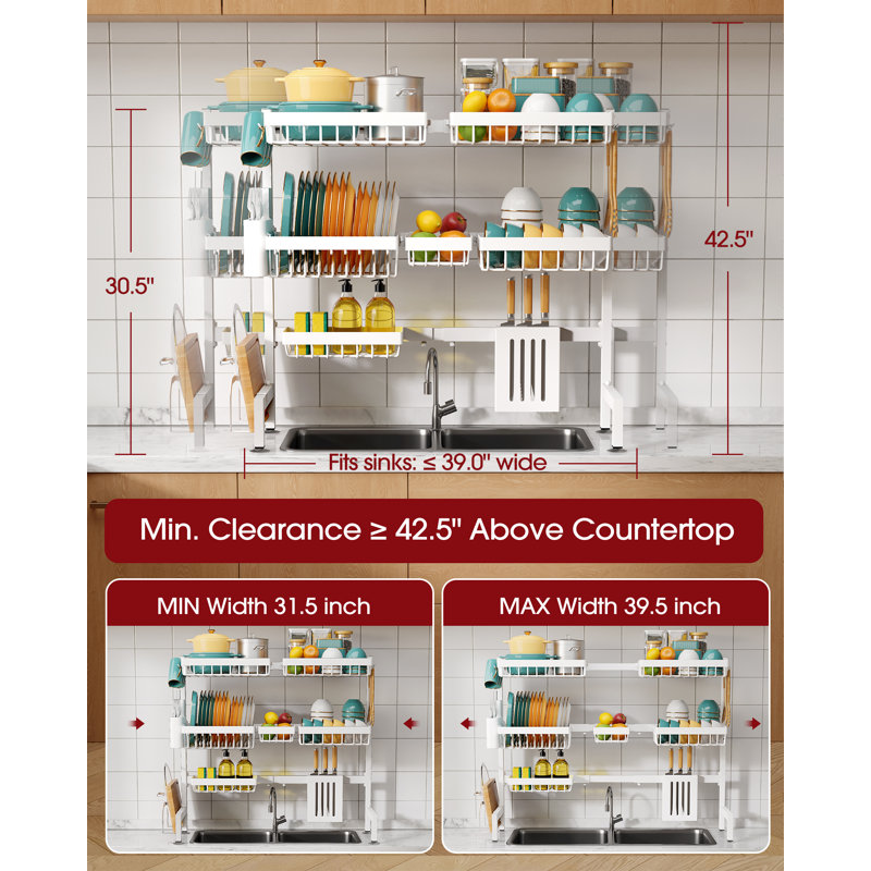 Over The Sink Dish Drying Rack - Adjustable 3 Tier XX-Large Capacity Stainless Steel Drainer with Cutlery & Utensil Holders, Kitchen Storage & Organization, 31.5"-39.5"L x 12"W x 30.5"H, White
