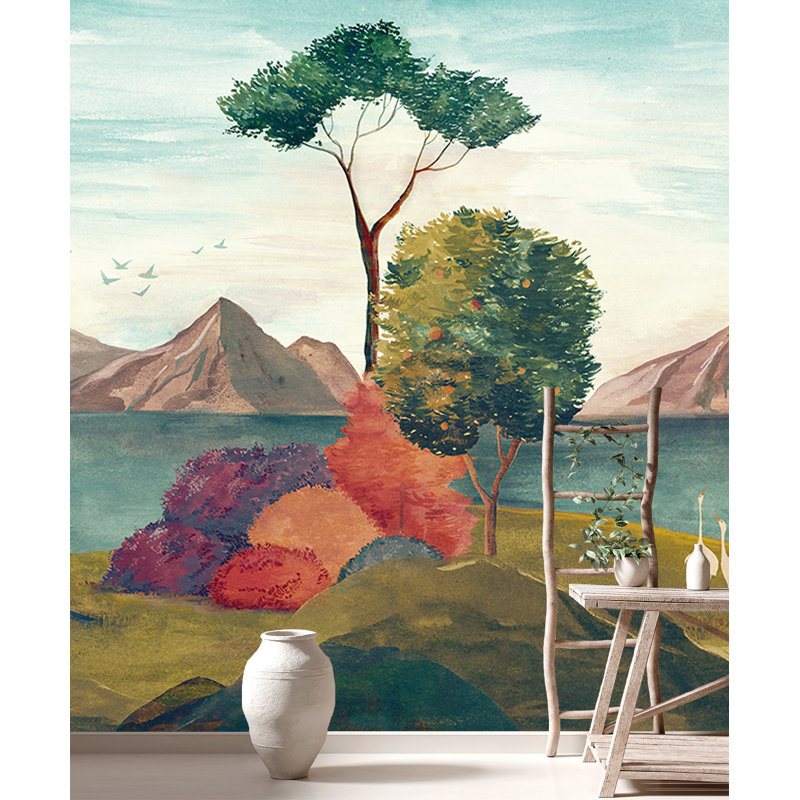 Papier peint multicolore à imprimé paysage oriental