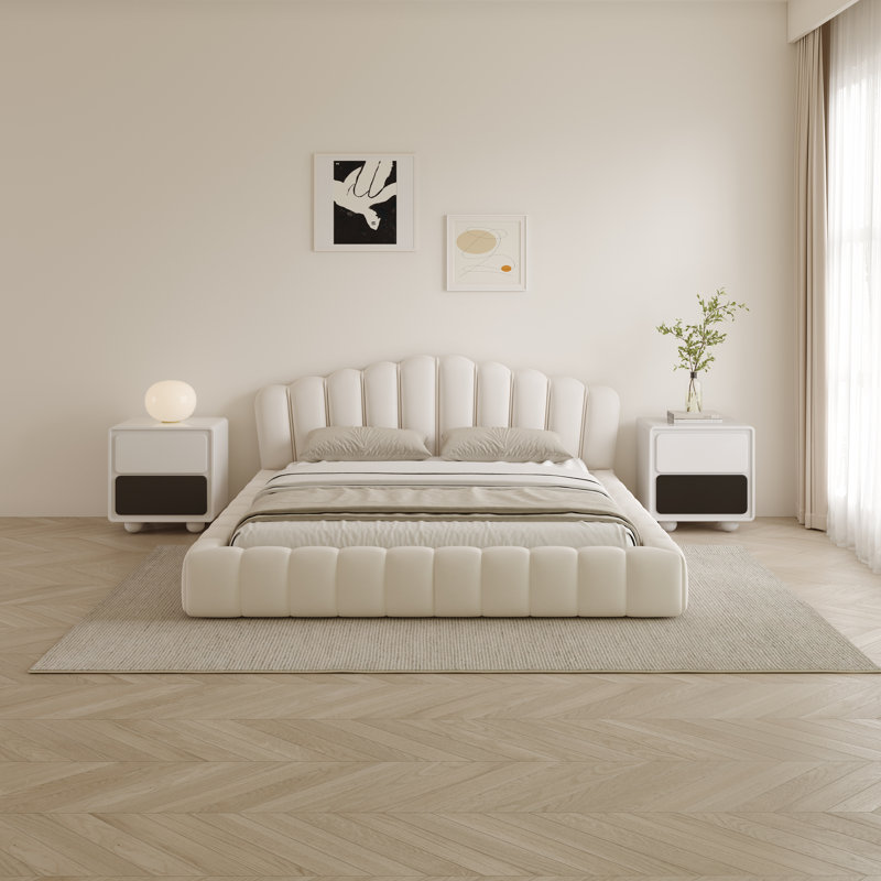 Queen Size Upholstered Tufted Bed With Headboard, Beige