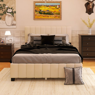 Wood Frame Queen Size Upholstered Platform Bed With 2 Drawers And 1 Twin XL Trundle