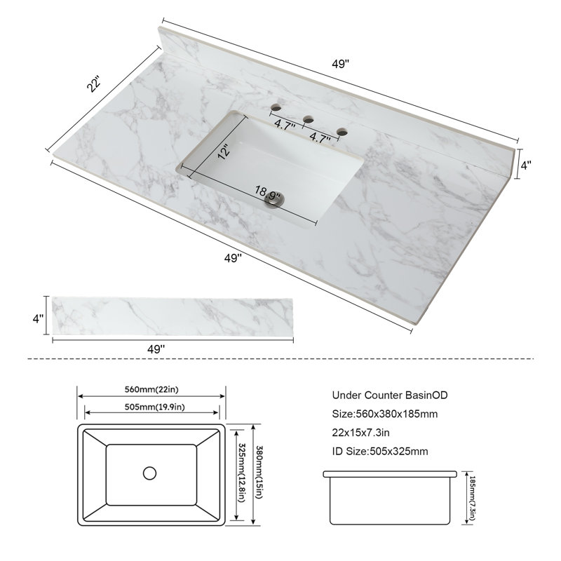 Comptoir de meuble-lavabo en pierre frittée 49 "avec lavabo encastré en céramique, comptoir en marbre de Carrare blanc avec dosseret