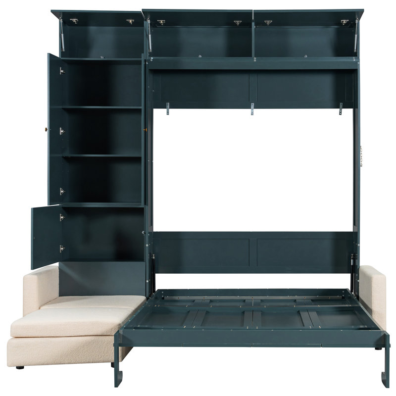 Grand lit avec rangement, panneau, beige, tout-en-un pour les petits espaces, support de matelas confortable, murs de construction pratiques, structure