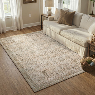 Watte Vintage Floral Border Area Rug, Non-Slip, Washable Beige for Living Room & Bedroom
