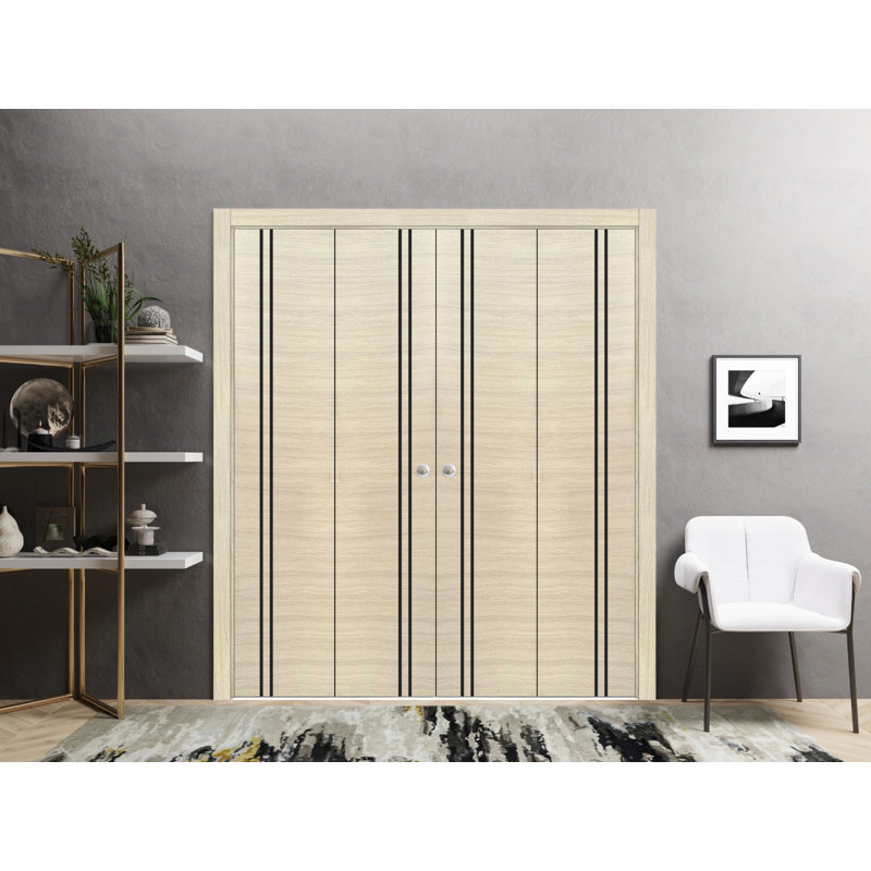 Portes coulissantes doubles pliantes pour placard 72 po x 80 po (4 x 18 x 80 po) Planum 0016 Placage naturel Rails robustes Moulures Garnitures Quincaillerie Ensemble de quincaillerie Portes de placard de chambre en bois massif