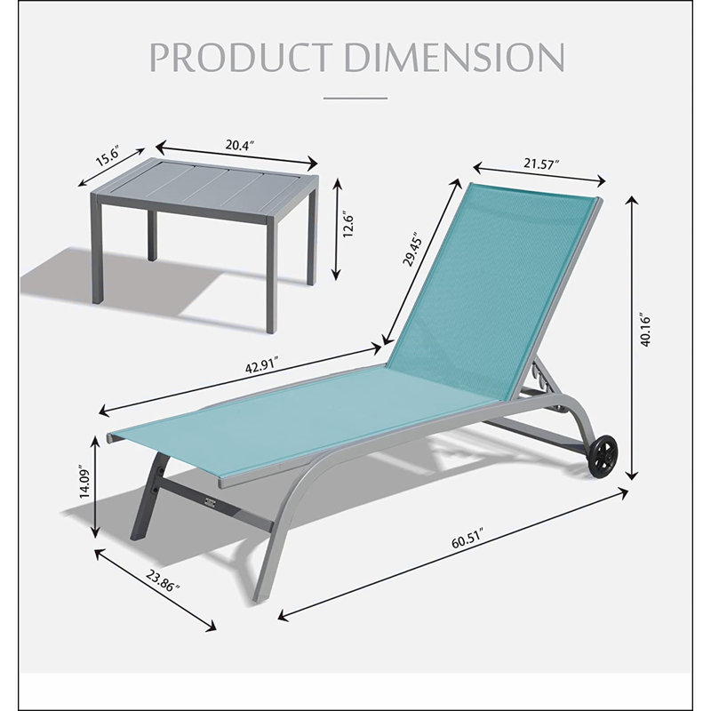 Chaise Lounge Outdoor Set of 3, Lounge Chairs for Outside with Wheels, Outdoor Lounge Chairs with 5 Adjustable Position, Pool Lounge Chairs for Patio, Beach