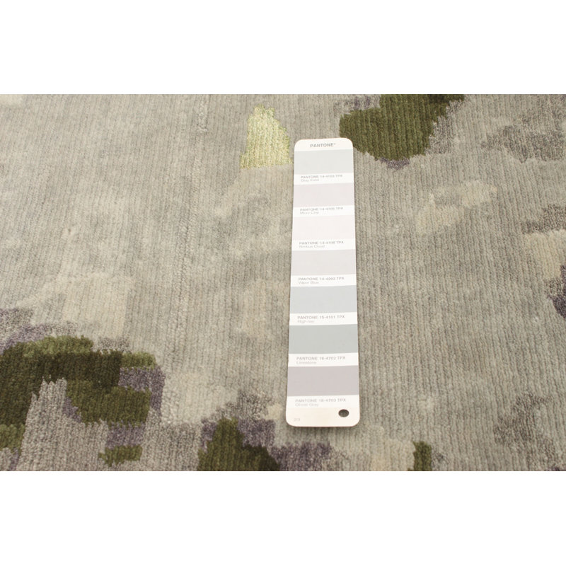 Tapis décoratif en laine de conception unique 8 pi x 10 pi 1 po noué à la main New Age de couleur gris clair/vert clair