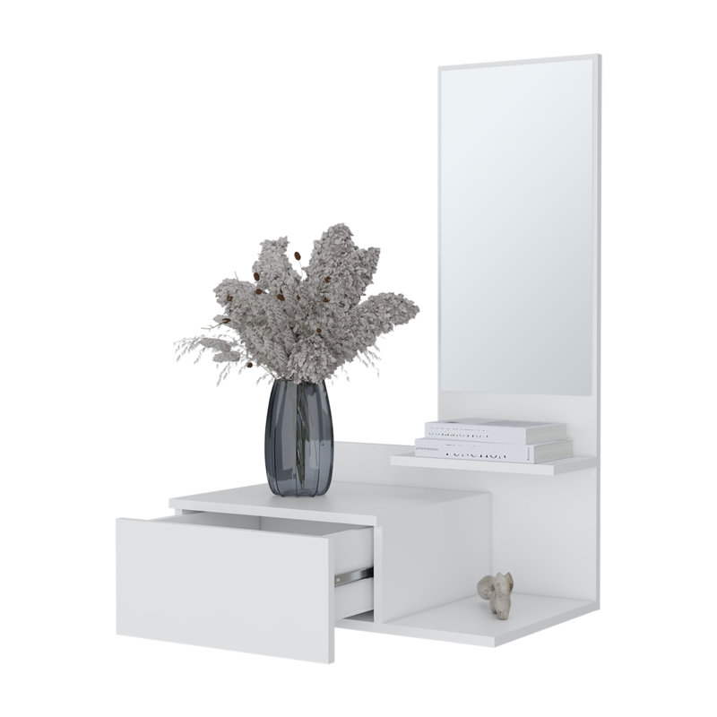 Meuble-lavabo flottant mural avec miroir Elgin, finition en mélamine blanche