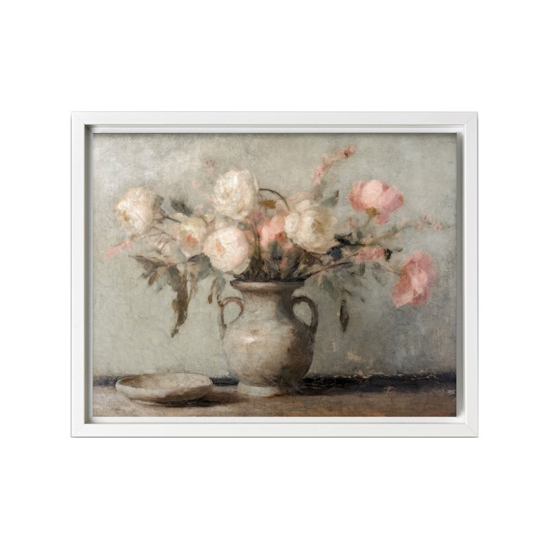 Nature morte fleurs roses et blanches, Canvas, 18"H x 24"W, White Framed