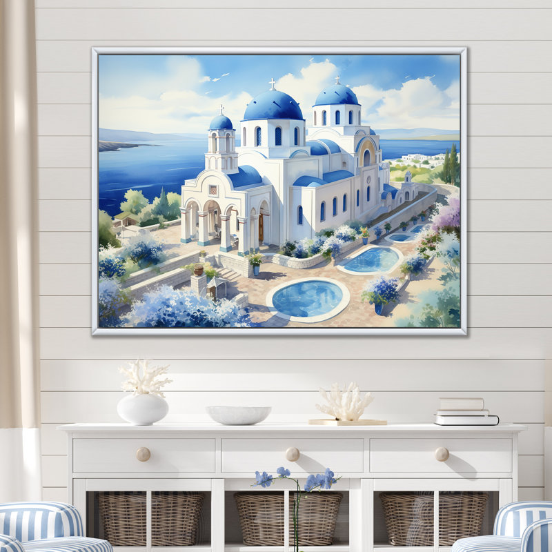 Église côtière Orthodoxe en Grèce 1 - Grèce, art mural, Cadre flottant blanc, H 30 po x l 40 po x P 1,5 po