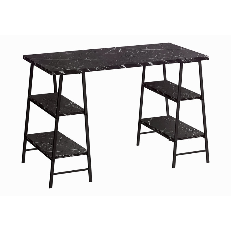 Computer Desk, Home Office, Laptop, Storage Shelves, 48"L, Work Marble Look Laminate Metal, Contemporary, Modern, Black
