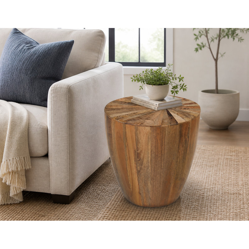  Cayley Rustic Solid Wood Drum End Table – Handcrafted Sunburst Accent Stool