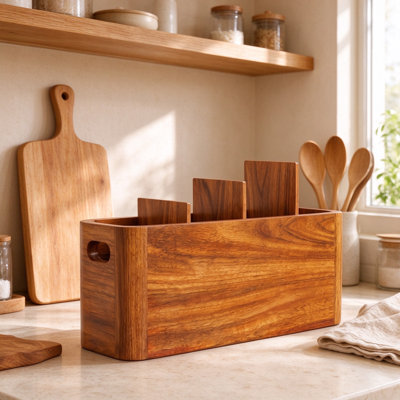 Acacia Wood Utensil Holder for Kitchen Counter, Wall-Mountable Silverware Organizer with Removable Dividers and Non-Slip Pads, Moisture-Resistant Cutlery Caddy
