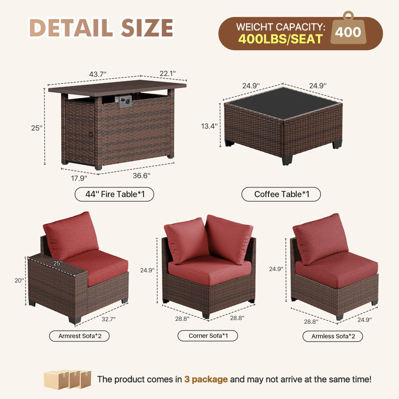 Ensemble de meubles de patio 7 pièces avec foyer au gaz propane de 44 po, ensemble de conversation pour jardin, patio, cour arrière