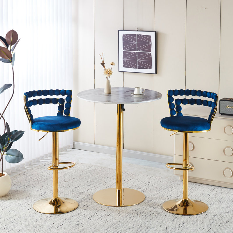 Tabouret de bar bleu de 2 avec des pieds en acier inoxydable de couleur dorée, confortable pour la maison et le café