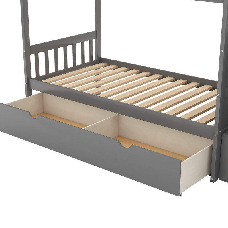 Lit superposé avec lit simple supérieur et ensemble de couchage polyvalent - Gris au-dessus d'un tiroir pratique