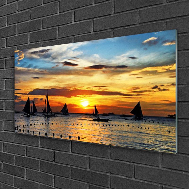 Glass Print Wall Art 100X50cm Image Printed On Glass Decorative Wall Picture Behind Toughened / Tempered Safety Real Glass For Kitchen & Living Room Theme: Boats Sea Sun Landscape