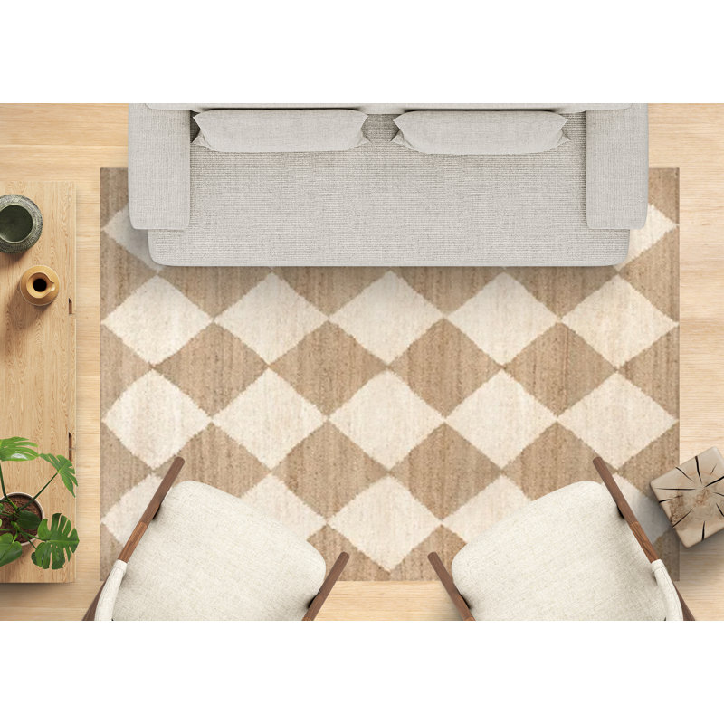 Shivaun Soft Beige Cream Checkered Diamonds Area Rug, Rectangle 7' x 10'