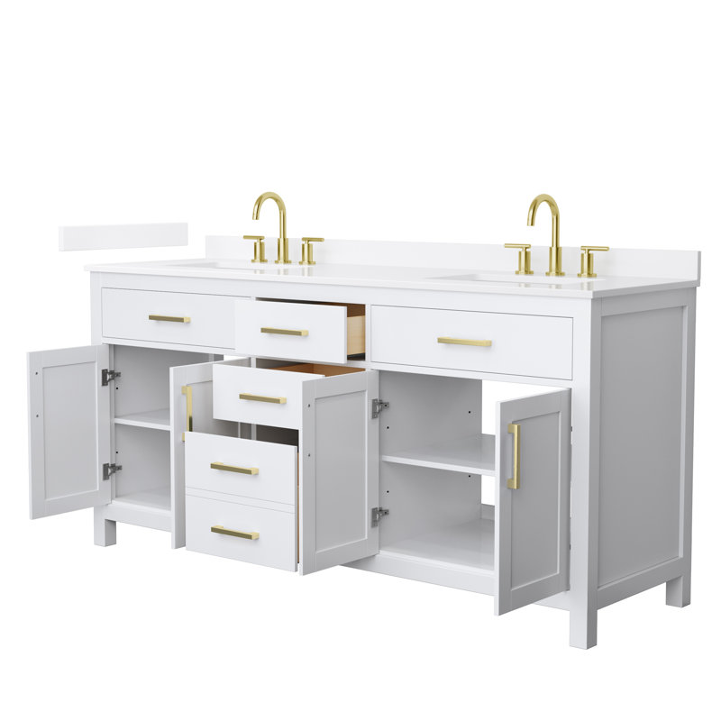 Beckett 72" Freestanding Double Bathroom Vanity with Quartz Top, Brushed Gold, White, White Quartz