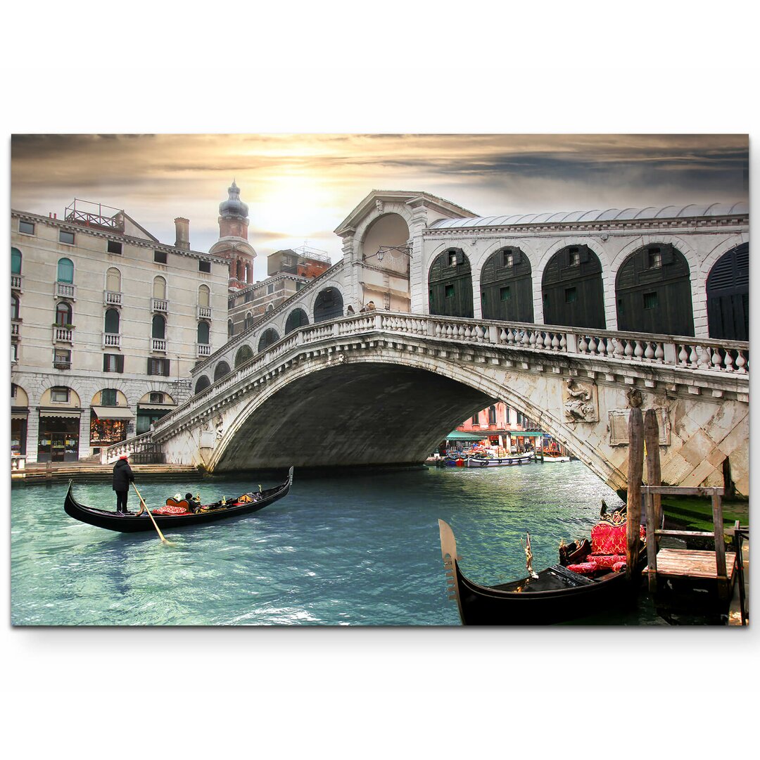 Leinwandbild Rialtobrücke mit Gondeln in Venedig