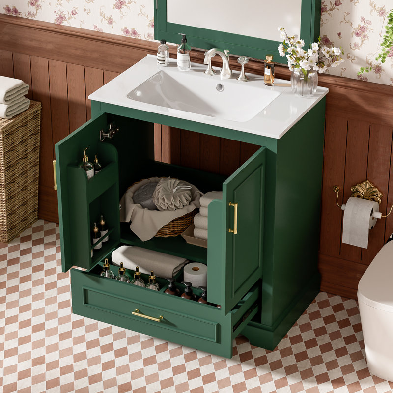 Meuble-lavabo autoportant de 30 po avec lavabo, panneau de fibres à densité moyenne et structure en bois massif, 1 tiroir de séparation et 2 portes à fermeture en douceur (double tablette sur la porte)