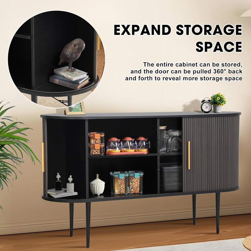 Black Oak 55" Sideboard Cabinet with Fluted Tambour Doors