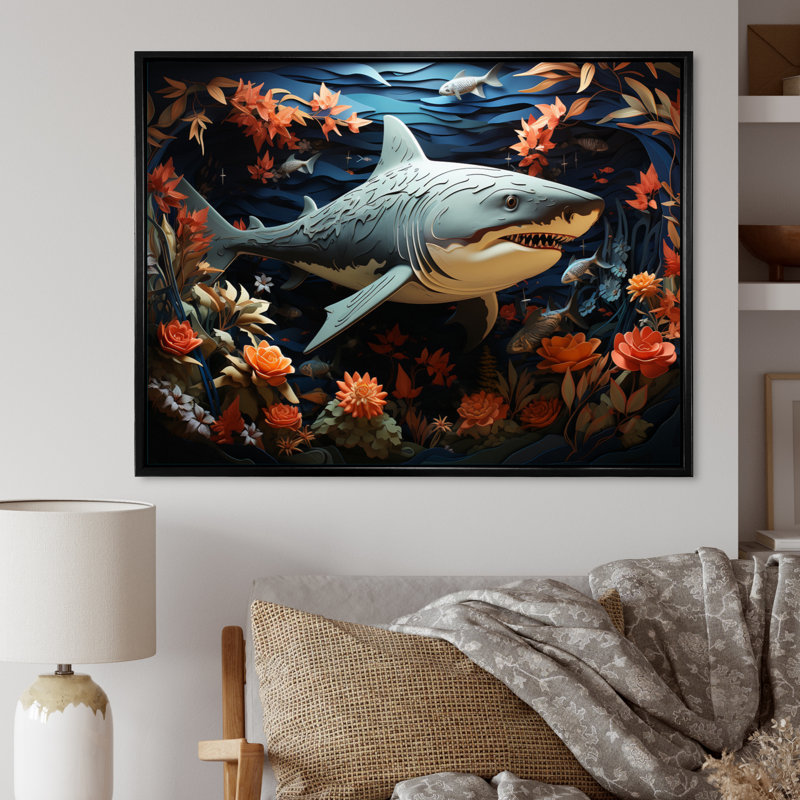 " Blue Shark Silent Hunter Papercut ", Black Floater Framed, 24" H x 32" W x 1" D