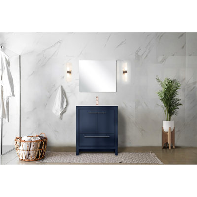 Meuble-lavabo bleu marine 30 po x 20 po, comptoir en quartz blanc, robinet or rose, miroir 28 po - pour salle de bain 30 po x 20 po, surface, 28 po