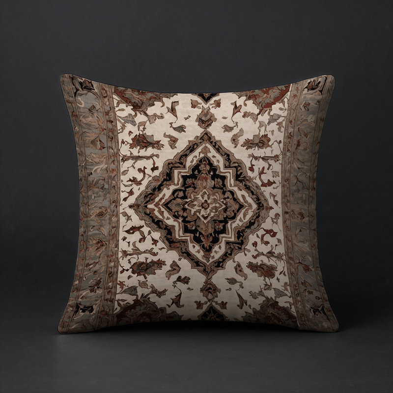 Coussin décoratif intérieur et extérieur Modern, Carré 16 po, Ivoire / brun / damas noir