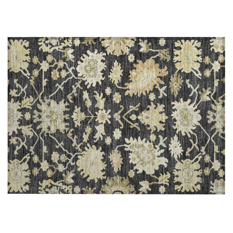 Black and Beige Washable Rectangular Indoor/Outdoor Rug