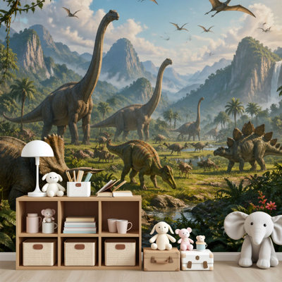 Nursery Peel and Stick Wallpaper Colorful Prehistoric Dinosaur Jungle Scene Brachiosaurus Triceratops Wall Murals 69"H x 96"W Removable PVC Wall Paper Self-Adhesive Wall Decor for Bedroom Living Room For Kids Room