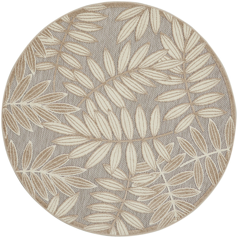 Arnhold Floral Indoor/Outdoor Area Rug in Tan/Cream/Gray, Round 5'3"