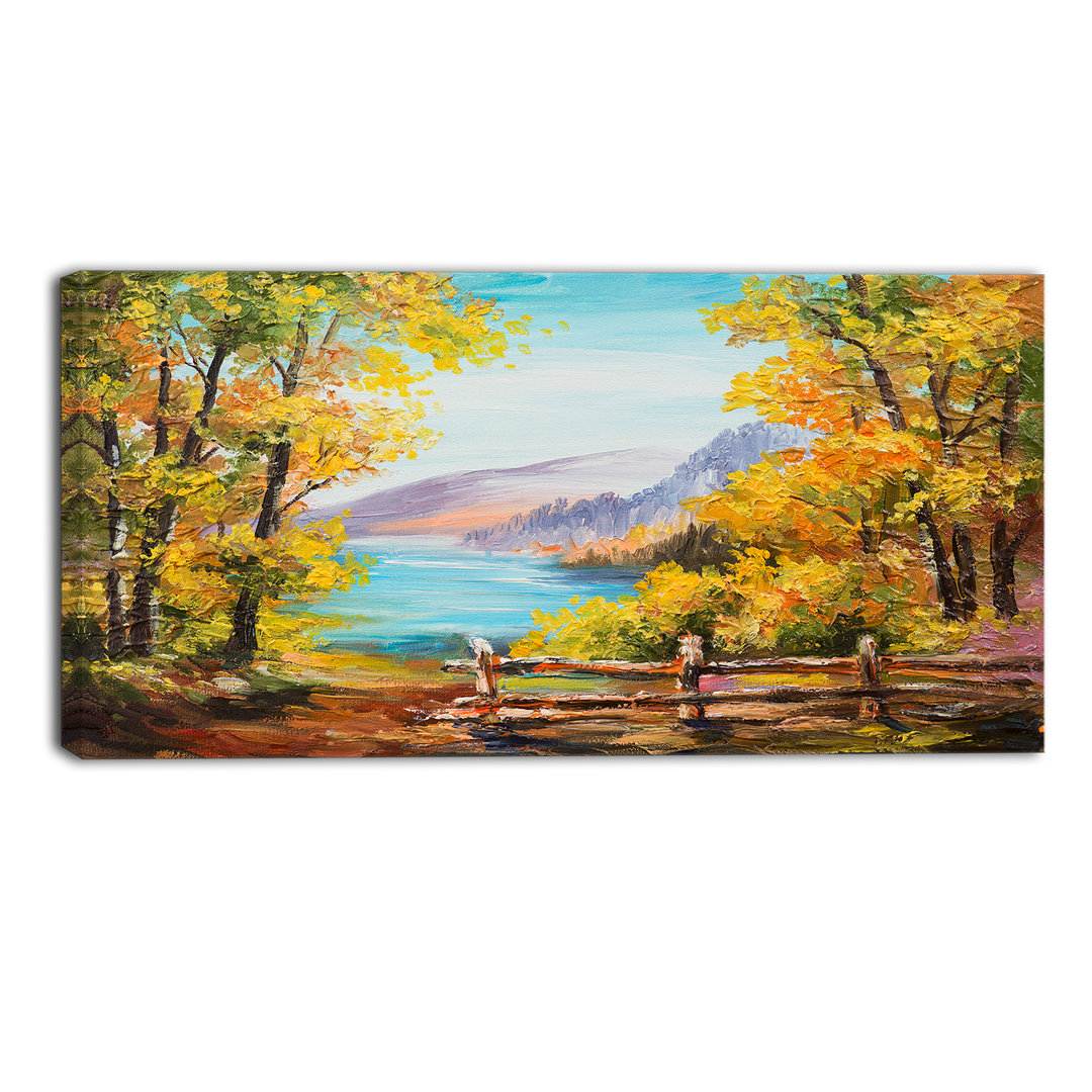 Mountain Lake in the Fall Landscape - Painting Print on Wrapped Canvas Design Art 
