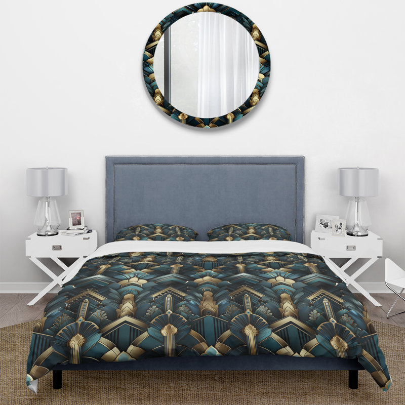 Ensemble de housse de couette Teal And Gold Art Deco Geometric Glamour - Damask