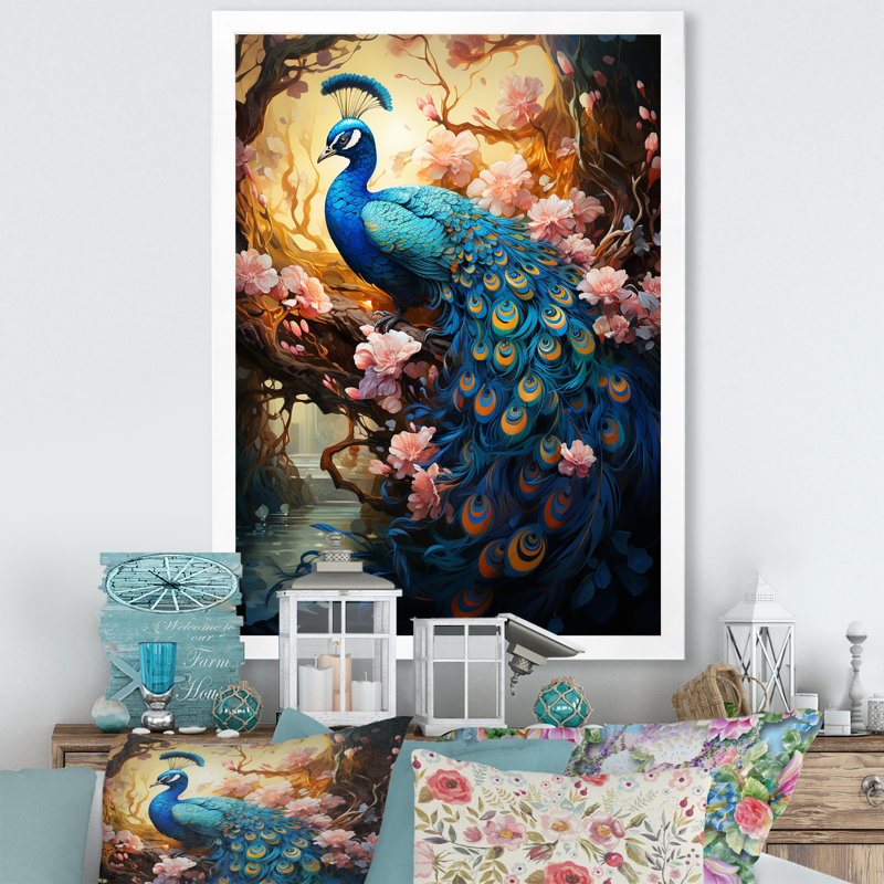 Fantaisie paon en fleurs enchantées sur toile, H 32 po x l 24 po x P 1 po, Cadre photo blanc