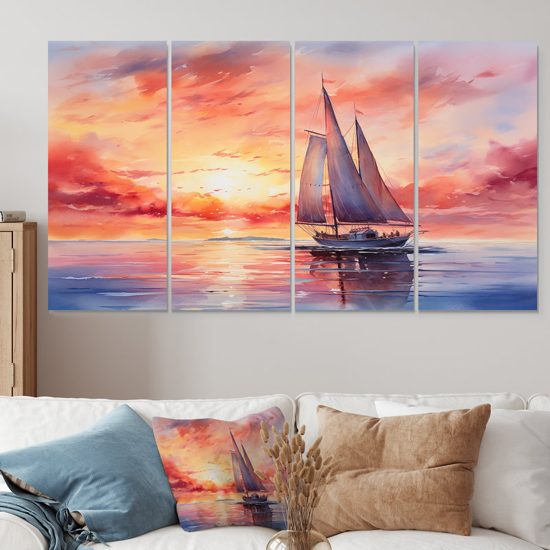 Couleurs pastel, voilier, coucher de soleil III - Bateau à voile, ensemble d'art mural 4 pièces, H 32 po x l 64 po