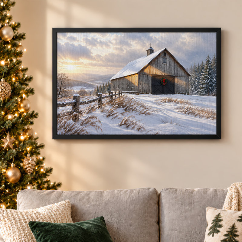 Art mural sur toile rustique avec grange rouge dans un champ d'hiver enneigé, H 16 po x l 24 po
