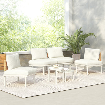Ensemble de meubles de patio 6 pièces, canapé modulaire d'extérieur demi-lune avec 2 tables basses haute et basse, rotin en osier PE, verre trempé, 4 coussins et coussins