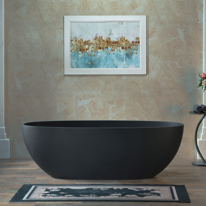 67" Freestanding Soaking Solid Surface Stone Resin Bathtub with Integrated Overflow and Pop-up Drain, Matte Black